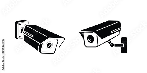 Wall mounted security camera silhouettes. Outdoor CCTV video surveillance system and building protection vector icon.