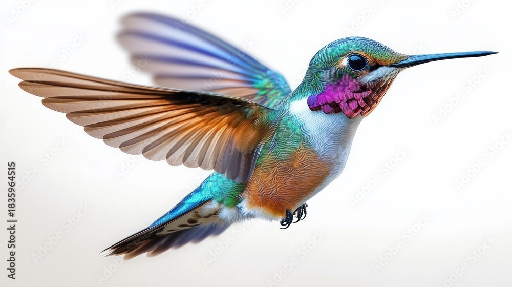 Naklejka premium Close-up of a colorful hummingbird in mid-flight with detailed vibrant feathers and a blurred background, showcasing motion and delicate beauty