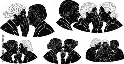 Whisper sequence silhouette illustration, communication and gossip transmission concept vector, black and white graphic for social behavior and rumor themes