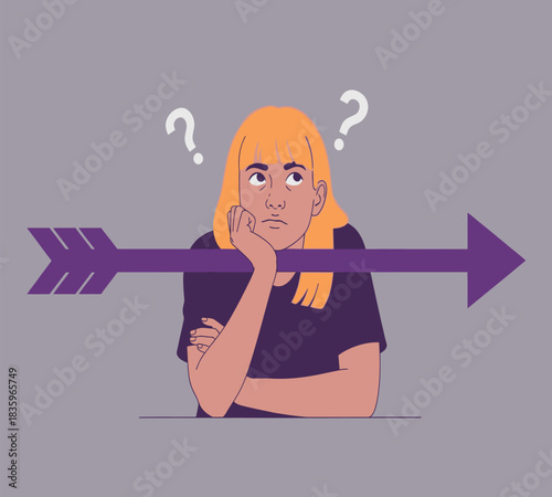 Confused woman with arrow through her contemplating direction and decisions facing dilemma with question marks above head isolated on grey background