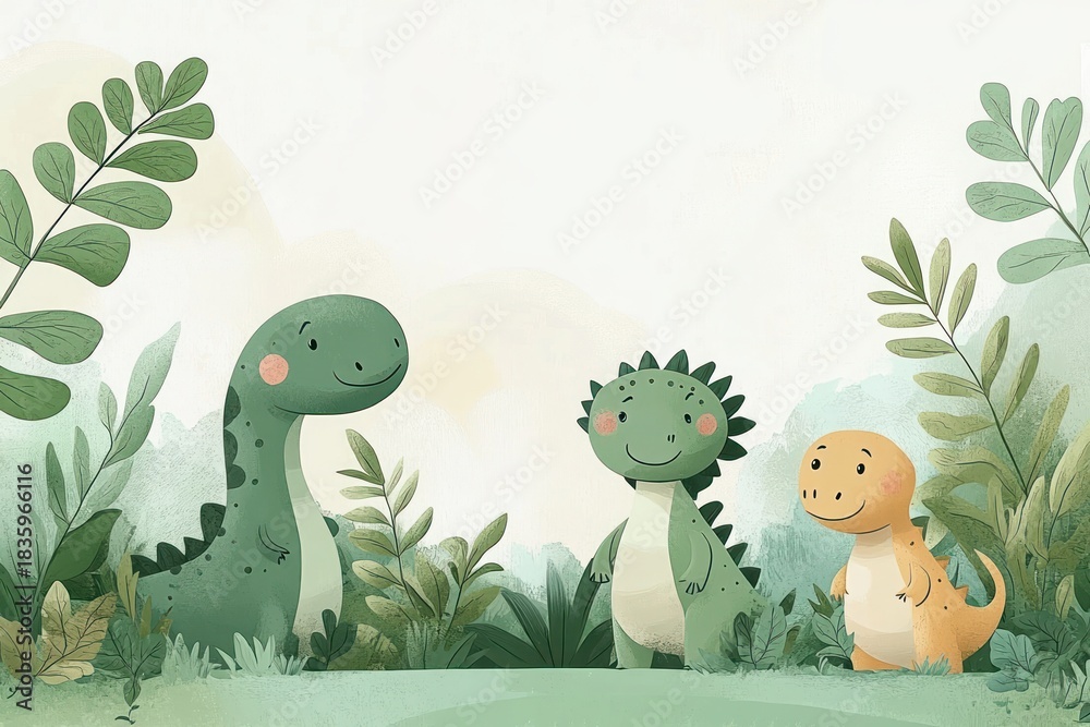 Naklejka premium Three smiling cartoon dinosaurs standing among green leafy plants with soft pastel background, creating a cheerful and playful scene