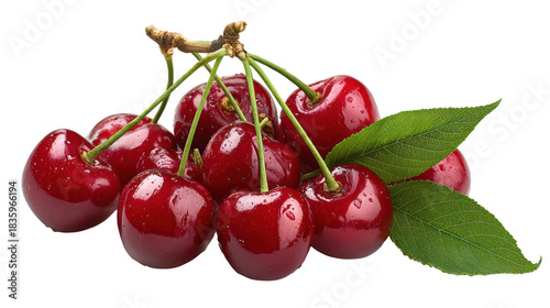 Fresh ripe cherries with stems and leaves isolated on transparent background