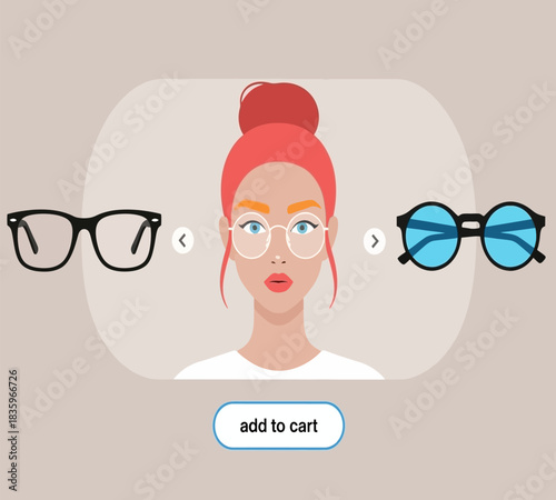 Virtual eyewear try on woman with red hair trying on glasses online with different frame styles and colors for a fashionable look