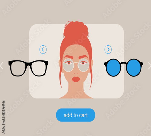 Virtual try on glasses application featuring a woman with red hair trying different frames online before making a purchase decision