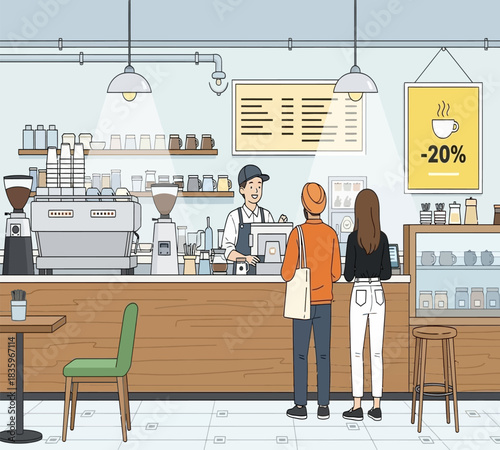 Customers ordering coffee at a modern cafe with a barista serving and a discount sign hanging overhead in a bright airy setting