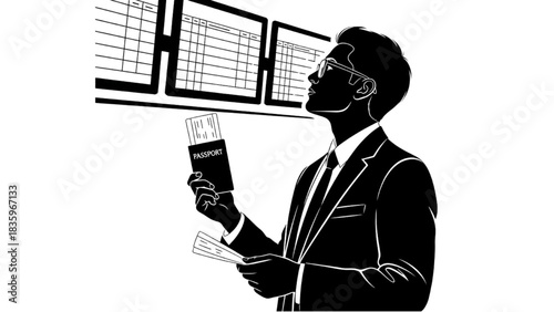 High-quality black silhouette line art of a business traveler holding a passport and boarding pass while looking at departure screens, professional travel, airport scene