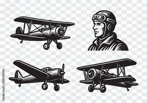Vintage Biplanes and Pilot Illustrations Set Retro Aviation Illustration Set – Planes, Helicopters, Pilot & Transport Icons