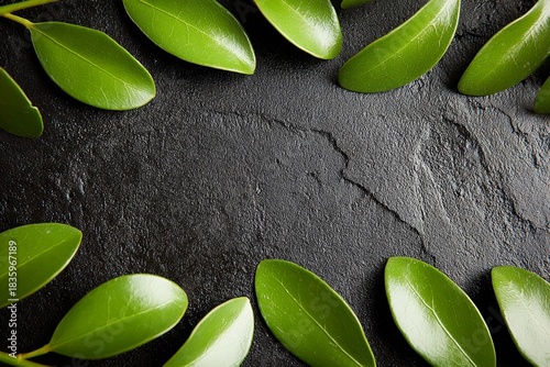 Green leaves arranged on textured black stone surface with copy space Christmas