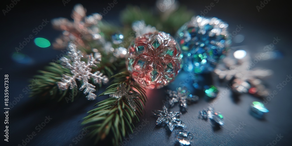 Fototapeta premium Festive arrangement of glittery snowflakes pine branches and ornate glass baubles