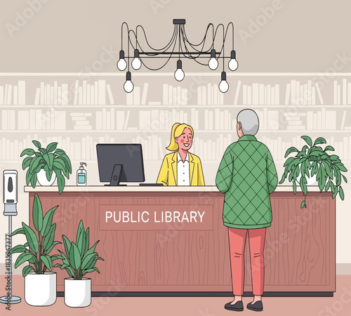 Senior woman at public library service desk seeking assistance from librarian in modern interior with plants and stylish lighting fixture above