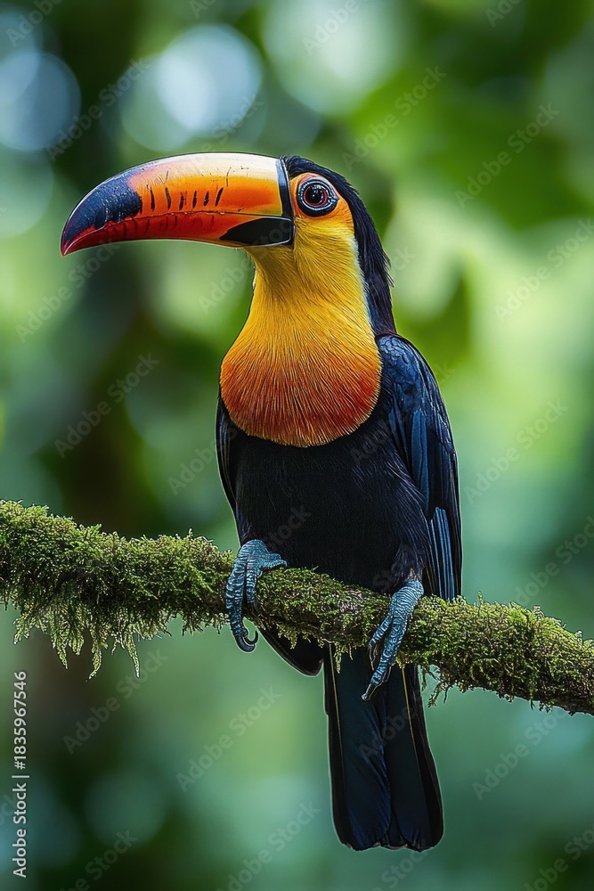 Obraz premium Colorful toucan perched on a moss-covered branch in a lush green forest with a blurred natural background