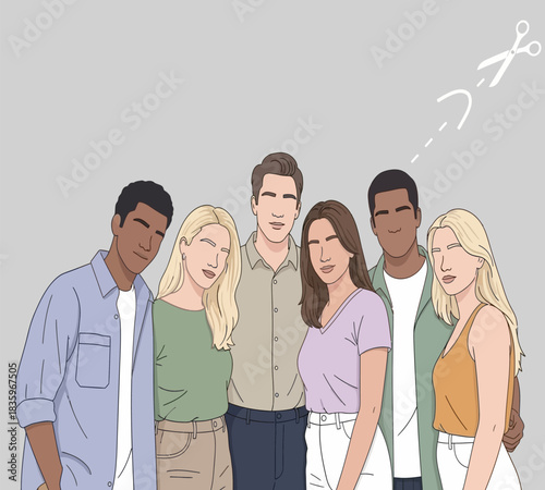 Diverse group of young adults standing together in casual clothing vector illustration for social media marketing or educational purposes with a clean background