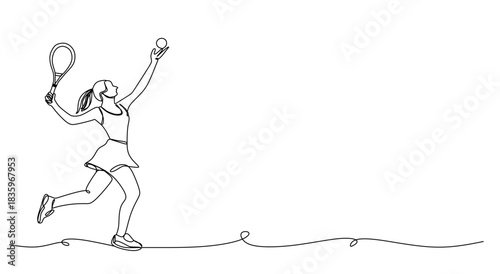 Continuous vector line art of woman playing padel or tennis with racket, female padel player art icon