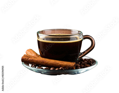 Close-up of coffee in a glass cup with spice accents on a plate, isolated against black