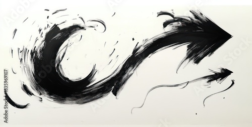 Abstract black brushstroke arrows on white background conveying motion and dynamic flow