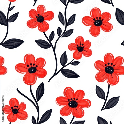 Seamless pattern of bright red stylized flowers with black centers and dark gray leaves on white background