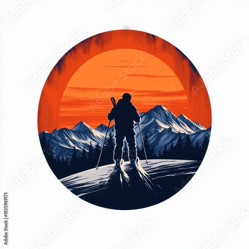 Silhouette of a skier standing on snowy mountain terrain with trekking poles, facing snow-covered mountain peaks under a vibrant orange sunset sky