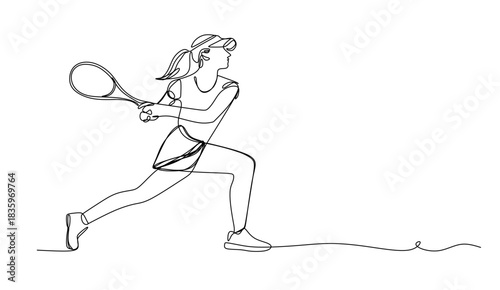 Continuous vector line art of woman playing padel or tennis with racket, female padel player art icon
