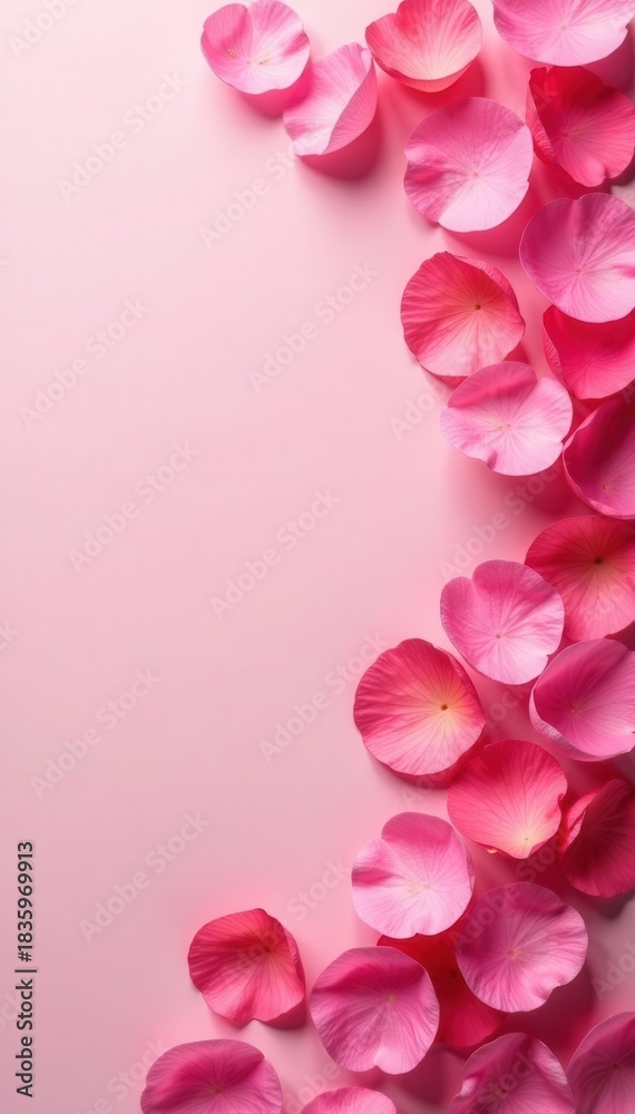 Fototapeta premium Delicate rose petals scattered artfully on a soft pink backdrop , botany, arrangement, nature
