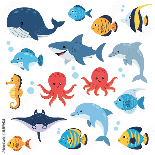 A delightful collection of charming, lovable ocean creatures including whales, dolphins, and turtles, showcased in a vibrant 2D flat vector illustration set isolated on a clean white background.
