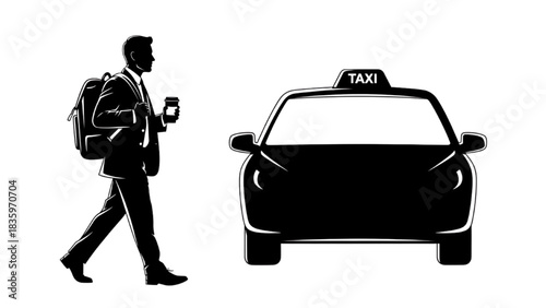 High-quality black silhouette line art of a business traveler carrying a backpack and coffee cup, walking toward a taxi or shuttle, professional travel, modern commuter scene