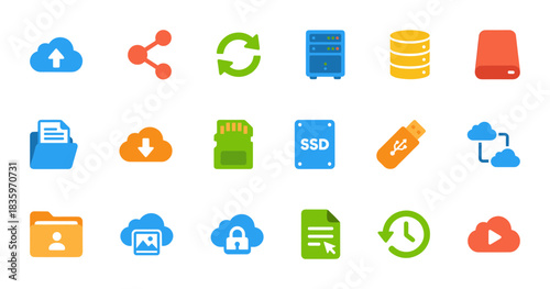 Cloud Computing and Data Storage Icon Set: File Transfer, Network, and Digital Backup Symbols in Flat Vector Design