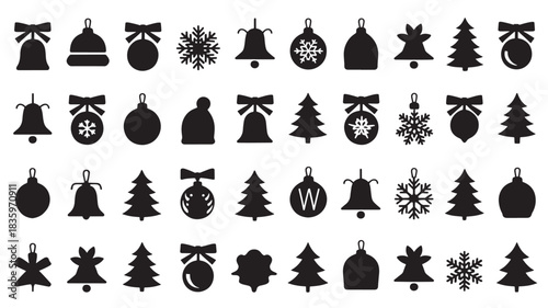 Christmas holiday design elements with festive bells, ornaments, snowflakes and trees, black silhouette vector icons