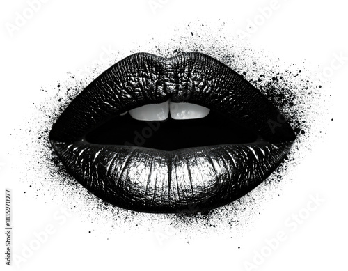 Close-up of glossy, metallic-like black lips with white teeth against a sparkling, white-edged black background