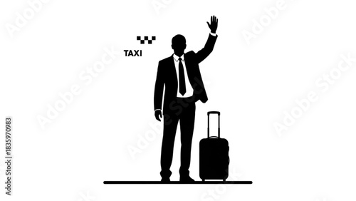 High-quality black silhouette line art of a businessperson hailing a cab with a rolling suitcase beside them, professional travel, urban commute scene