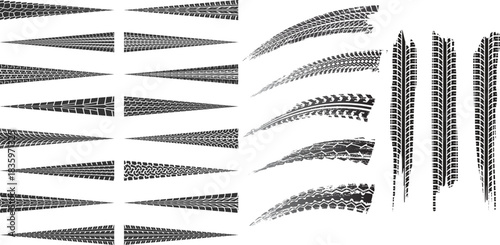 Tire Tracks Vector Grunge Set, Triangle Perspective Car Tyre Mark and Tread Collection