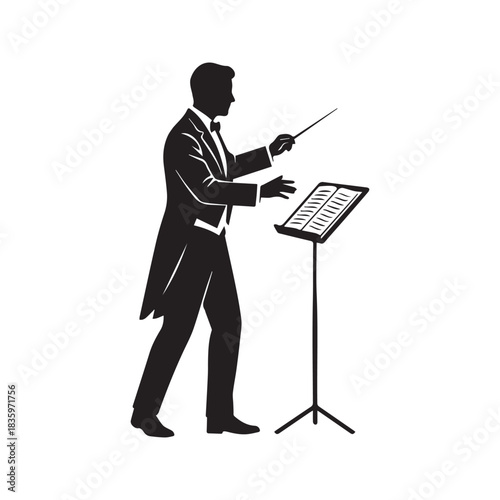 Silhouette of an orchestra conductor leading a symphony. Musician in a tuxedo with a baton and music stand, isolated vector graphic.
