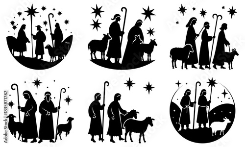 Silhouette images of shepherds with sheep under stars in various oval and round compositions