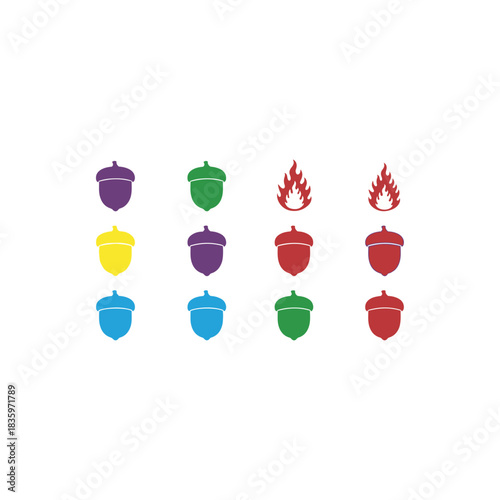Collection of acorns and flames icons isolated on transparent background