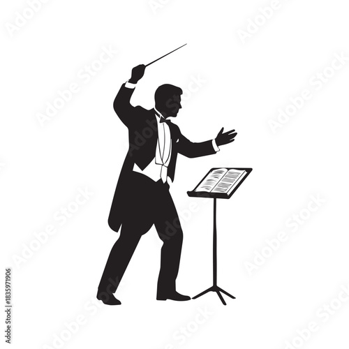 Silhouette of an orchestra conductor leading a symphony. Musician in a tuxedo with a baton and music stand, isolated vector graphic.
