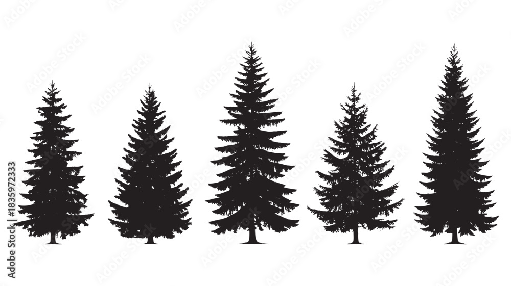 Obraz premium Set of silhouette pine trees evergreen forest vector illustration isolated on white background for nature and outdoor designs