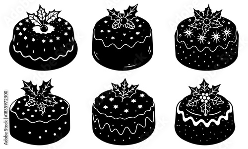 Illustration of six christmas puddings with holly and various decorative patterns in black and white style