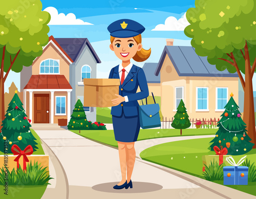 Cartoon illustration of a smiling female postal worker in uniform delivering a package in a suburban neighborhood decorated for Christmas.