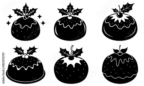 Collection of christmas puddings decorated with holly and cherries in black and white vector illustration