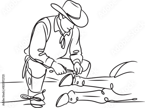 Continuous line drawing of a cowboy in western attire carefully cleaning a horse's hoof with a pick, equestrian care concept