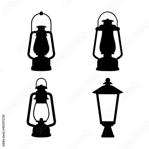 Set of various vintage lantern and lamp silhouettes for design.