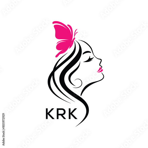 KRK Elegant Woman Beauty Logo. KRK Butterfly  Feminine Salon. KRK Cosmetics & Spa Brand Icon.
