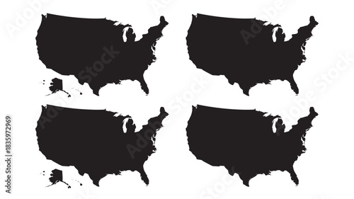 Four United States maps black silhouette isolated on white background for infographic and design element