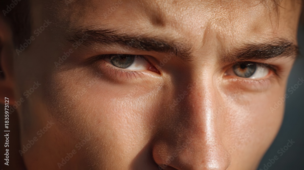 Naklejka premium Close up of a man s intense focused eyes and furrowed brow dramatically lit by sunlight revealing skin texture