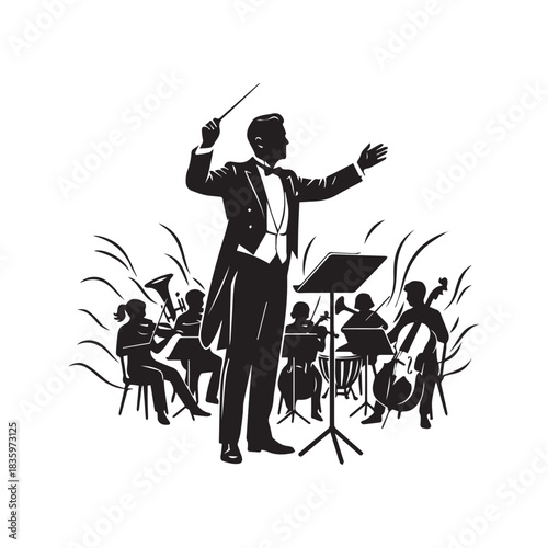 Silhouette of an orchestra conductor leading a symphony. Musician in a tuxedo with a baton and music stand, isolated vector graphic.
