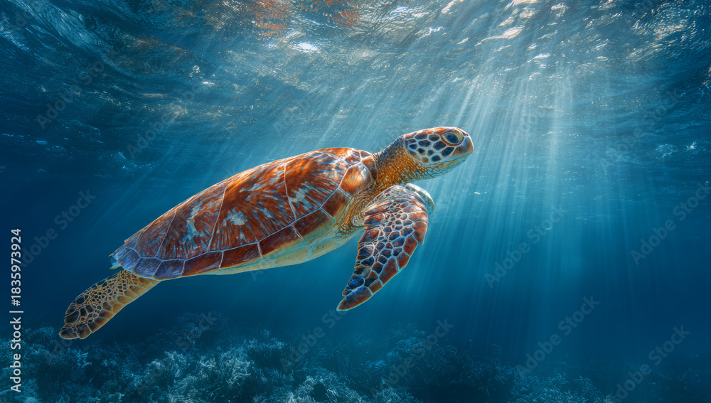 Obraz premium Graceful sea turtle with patterned shell swimming underwater in clear blue ocean illuminated by sun rays penetrating the surface
