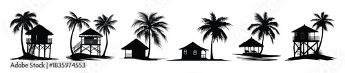 beach cabana and palm tree silhouette clipart set