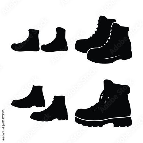 Collection of black boot silhouettes, sturdy footwear icons.