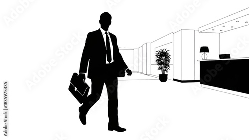 High-quality black silhouette line art of a business traveler walking through a hotel lobby, briefcase in hand, ready for a meeting, professional business trip scene