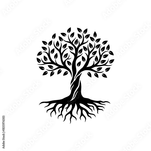 Stylized black tree silhouette with visible roots and leaves