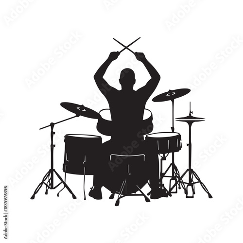 Silhouette of a drummer playing the drums. Musician with drumsticks behind a drum kit for a rock music concert or performance, isolated vector icon.
